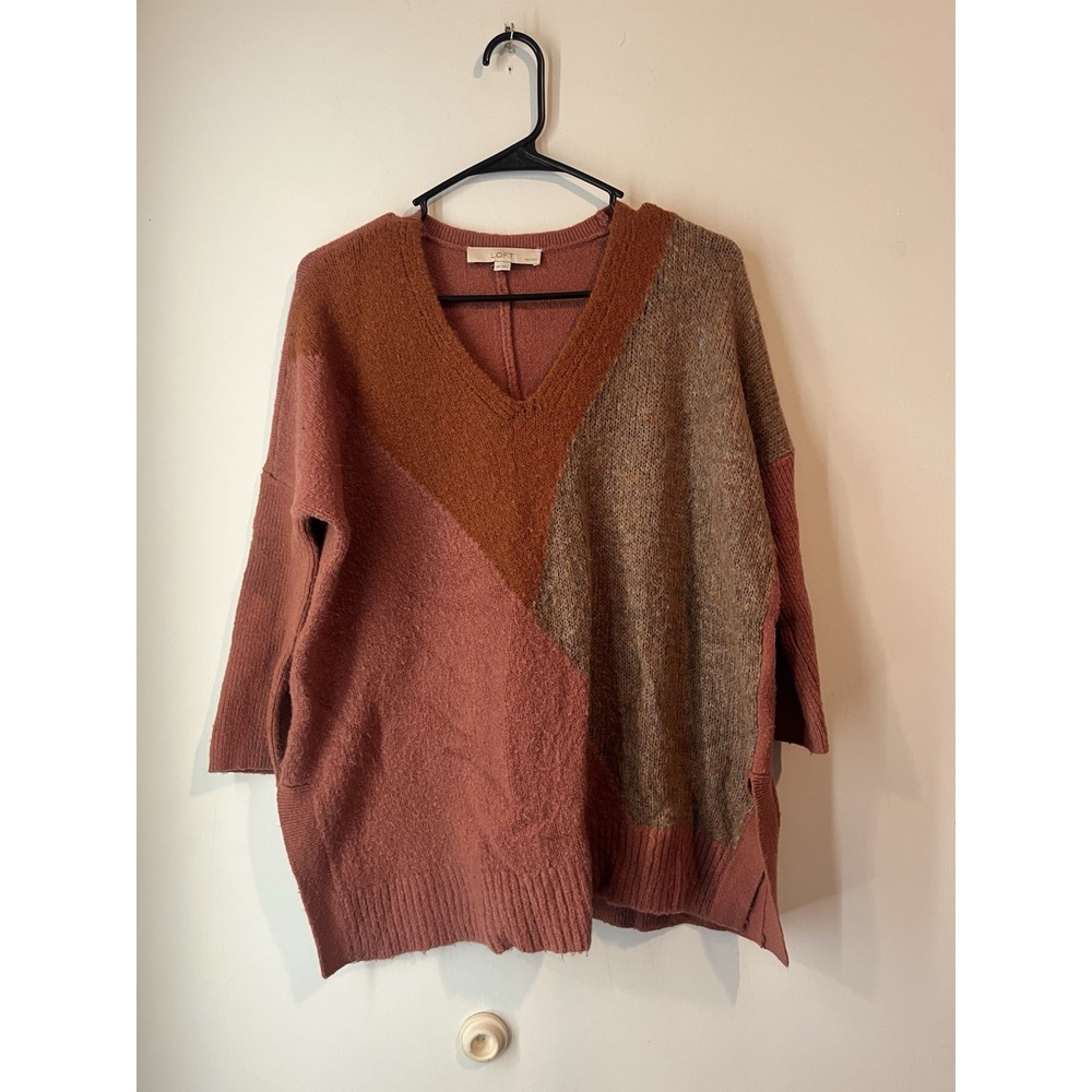 Loft Wool Alpaca Mohair Sweater Size MP Color Block V Neck‎ 3/4 Sleeve
